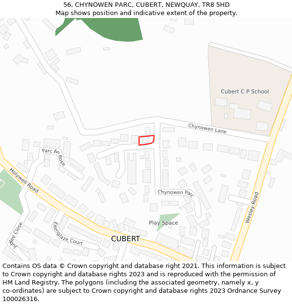 56, CHYNOWEN PARC, CUBERT, NEWQUAY, TR8 5HD: Location map and indicative extent of plot