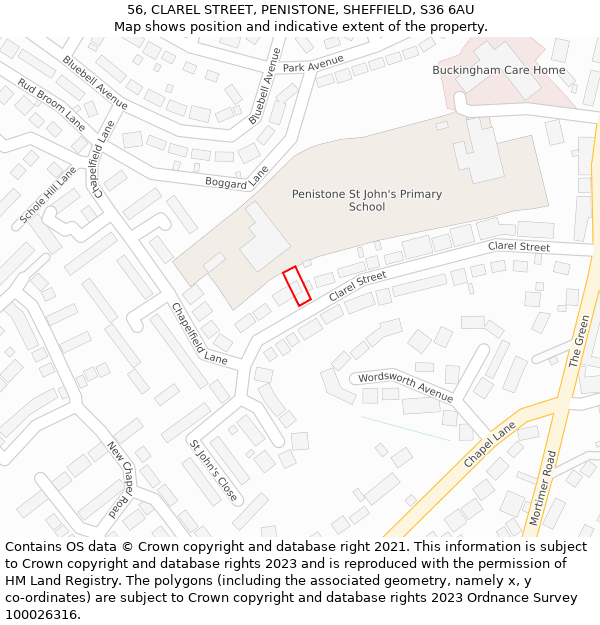 56, CLAREL STREET, PENISTONE, SHEFFIELD, S36 6AU: Location map and indicative extent of plot