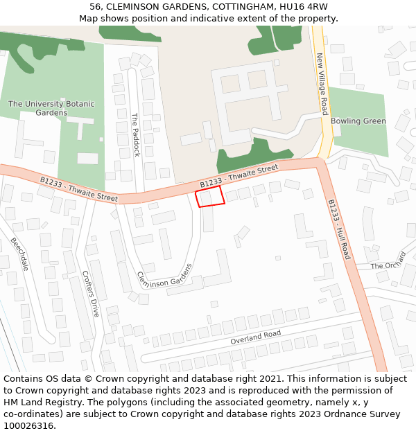 56, CLEMINSON GARDENS, COTTINGHAM, HU16 4RW: Location map and indicative extent of plot