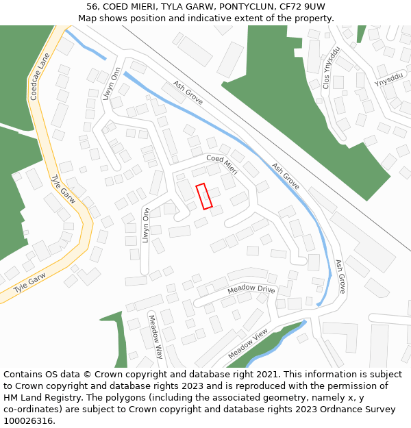 56, COED MIERI, TYLA GARW, PONTYCLUN, CF72 9UW: Location map and indicative extent of plot