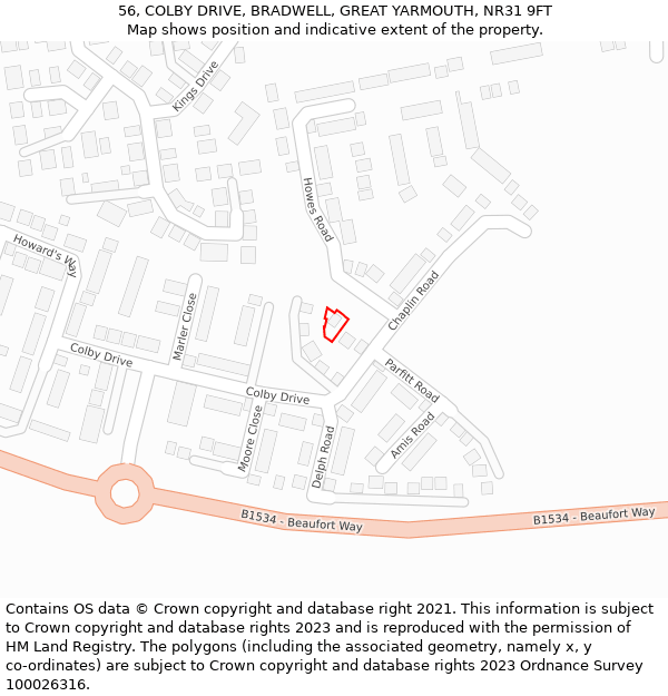 56, COLBY DRIVE, BRADWELL, GREAT YARMOUTH, NR31 9FT: Location map and indicative extent of plot