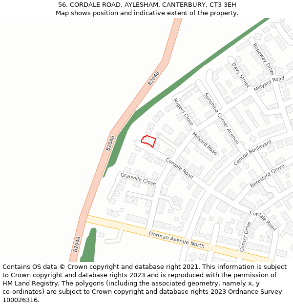 56, CORDALE ROAD, AYLESHAM, CANTERBURY, CT3 3EH: Location map and indicative extent of plot