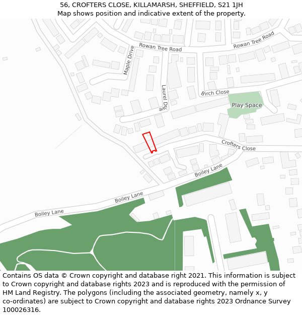 56, CROFTERS CLOSE, KILLAMARSH, SHEFFIELD, S21 1JH: Location map and indicative extent of plot