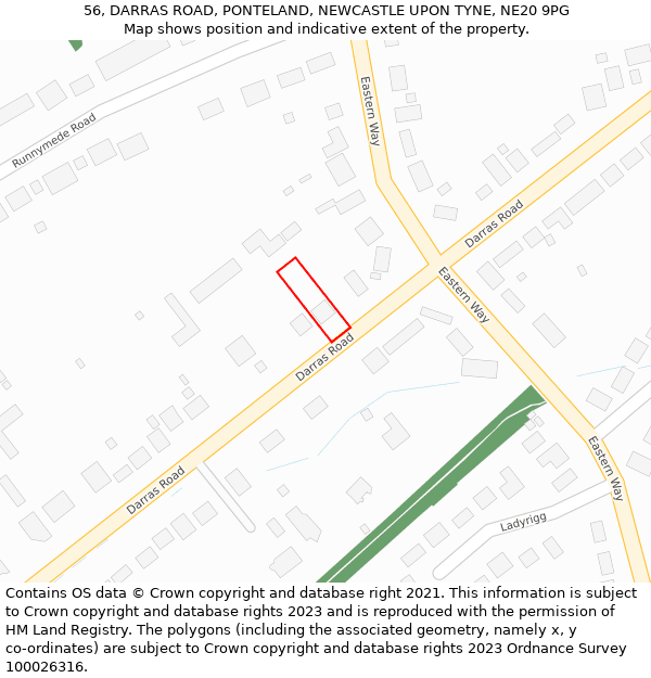 56, DARRAS ROAD, PONTELAND, NEWCASTLE UPON TYNE, NE20 9PG: Location map and indicative extent of plot