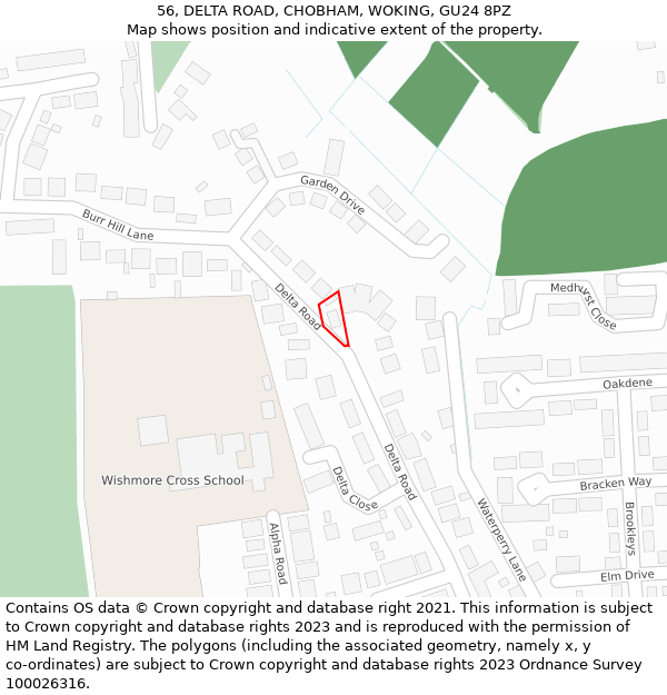 56, DELTA ROAD, CHOBHAM, WOKING, GU24 8PZ: Location map and indicative extent of plot