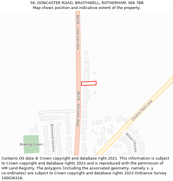 56, DONCASTER ROAD, BRAITHWELL, ROTHERHAM, S66 7BB: Location map and indicative extent of plot