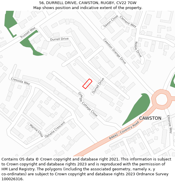 56, DURRELL DRIVE, CAWSTON, RUGBY, CV22 7GW: Location map and indicative extent of plot