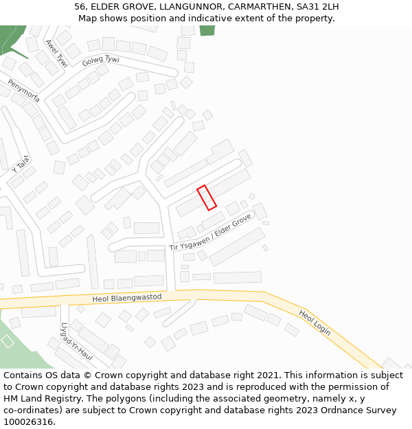 56, ELDER GROVE, LLANGUNNOR, CARMARTHEN, SA31 2LH: Location map and indicative extent of plot