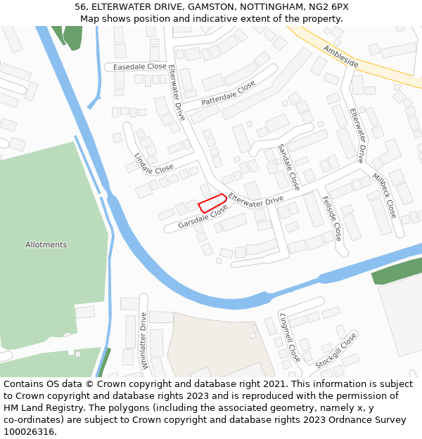 56, ELTERWATER DRIVE, GAMSTON, NOTTINGHAM, NG2 6PX: Location map and indicative extent of plot