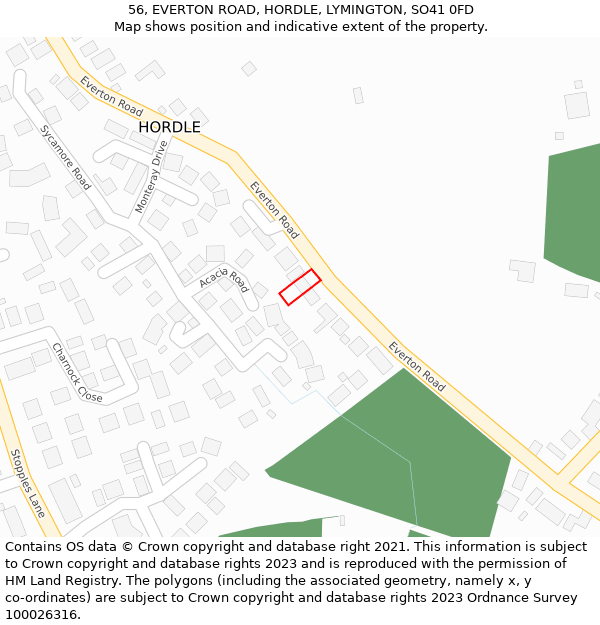 56, EVERTON ROAD, HORDLE, LYMINGTON, SO41 0FD: Location map and indicative extent of plot