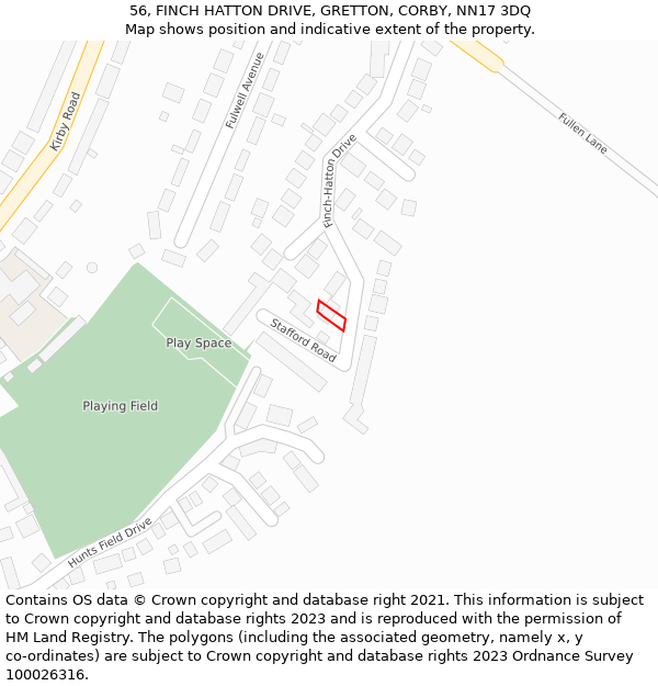 56, FINCH HATTON DRIVE, GRETTON, CORBY, NN17 3DQ: Location map and indicative extent of plot