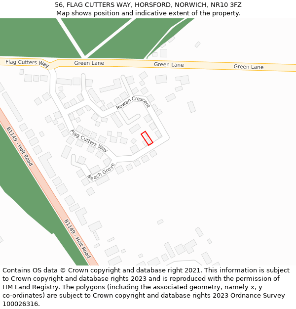 56, FLAG CUTTERS WAY, HORSFORD, NORWICH, NR10 3FZ: Location map and indicative extent of plot