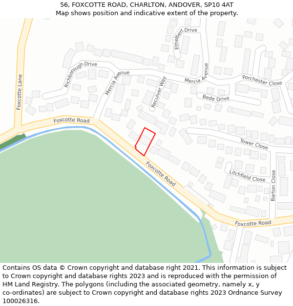 56, FOXCOTTE ROAD, CHARLTON, ANDOVER, SP10 4AT: Location map and indicative extent of plot