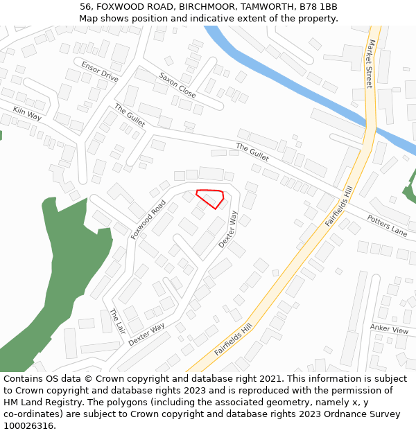 56, FOXWOOD ROAD, BIRCHMOOR, TAMWORTH, B78 1BB: Location map and indicative extent of plot