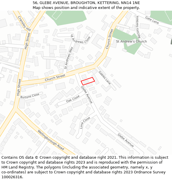56, GLEBE AVENUE, BROUGHTON, KETTERING, NN14 1NE: Location map and indicative extent of plot