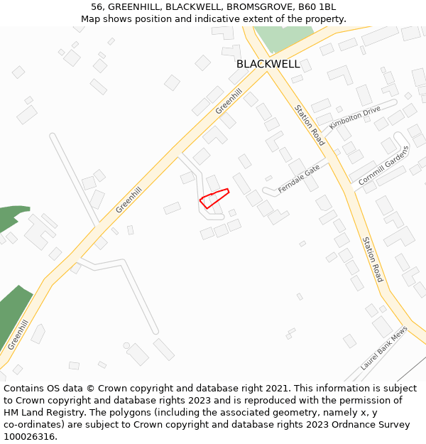 56, GREENHILL, BLACKWELL, BROMSGROVE, B60 1BL: Location map and indicative extent of plot