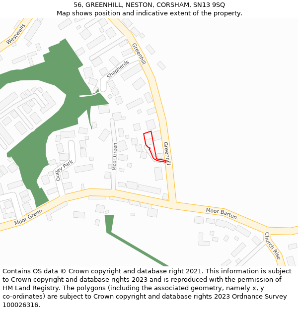 56, GREENHILL, NESTON, CORSHAM, SN13 9SQ: Location map and indicative extent of plot