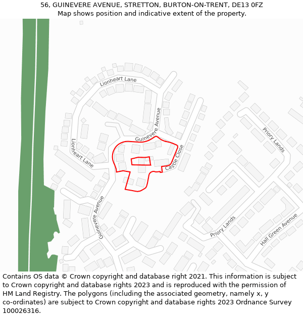 56, GUINEVERE AVENUE, STRETTON, BURTON-ON-TRENT, DE13 0FZ: Location map and indicative extent of plot