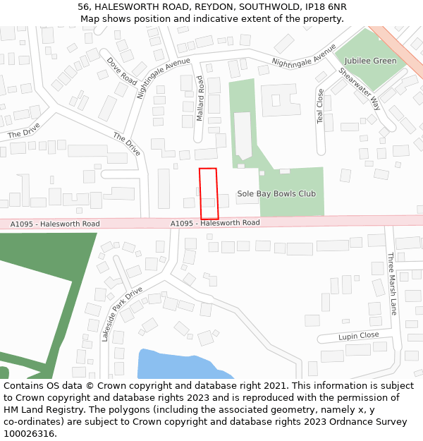 56, HALESWORTH ROAD, REYDON, SOUTHWOLD, IP18 6NR: Location map and indicative extent of plot