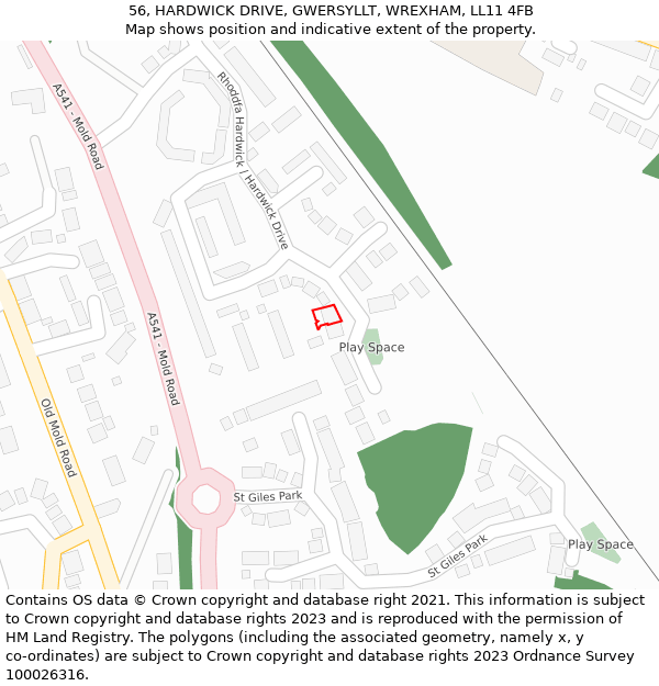 56, HARDWICK DRIVE, GWERSYLLT, WREXHAM, LL11 4FB: Location map and indicative extent of plot