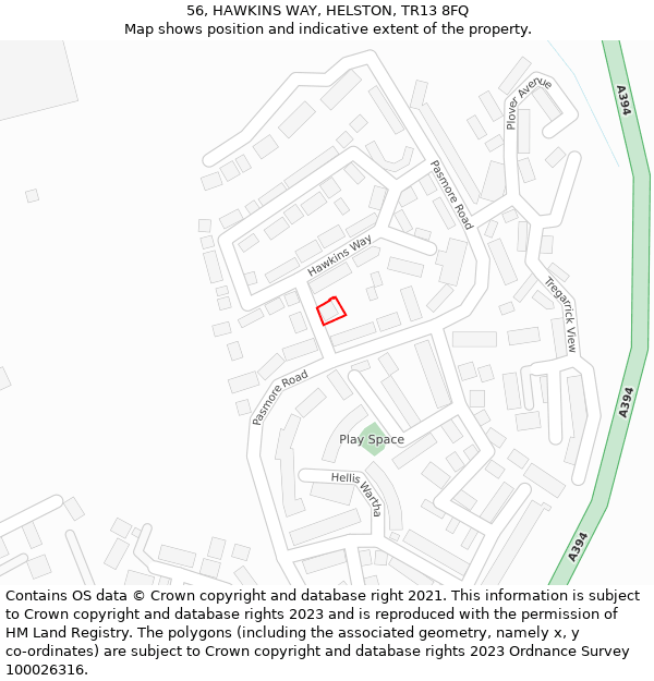 56, HAWKINS WAY, HELSTON, TR13 8FQ: Location map and indicative extent of plot