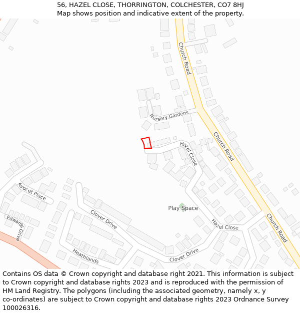 56, HAZEL CLOSE, THORRINGTON, COLCHESTER, CO7 8HJ: Location map and indicative extent of plot