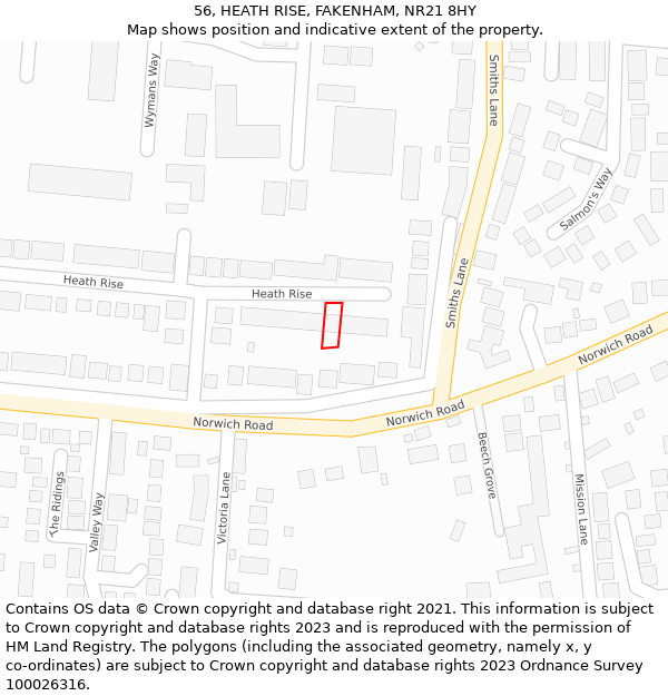 56, HEATH RISE, FAKENHAM, NR21 8HY: Location map and indicative extent of plot