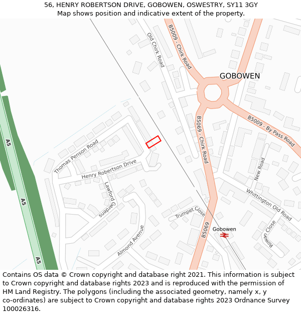 56, HENRY ROBERTSON DRIVE, GOBOWEN, OSWESTRY, SY11 3GY: Location map and indicative extent of plot