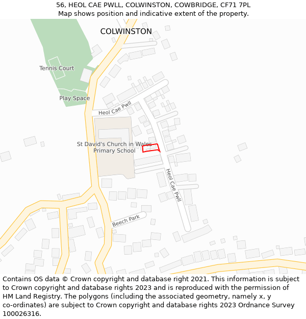 56, HEOL CAE PWLL, COLWINSTON, COWBRIDGE, CF71 7PL: Location map and indicative extent of plot