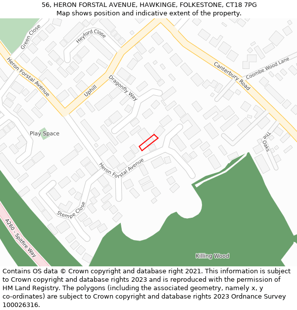 56, HERON FORSTAL AVENUE, HAWKINGE, FOLKESTONE, CT18 7PG: Location map and indicative extent of plot