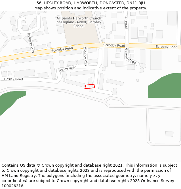 56, HESLEY ROAD, HARWORTH, DONCASTER, DN11 8JU: Location map and indicative extent of plot