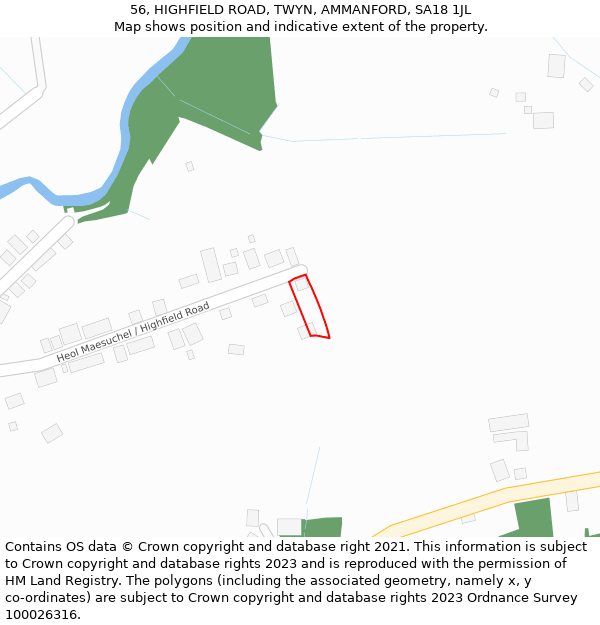 56, HIGHFIELD ROAD, TWYN, AMMANFORD, SA18 1JL: Location map and indicative extent of plot