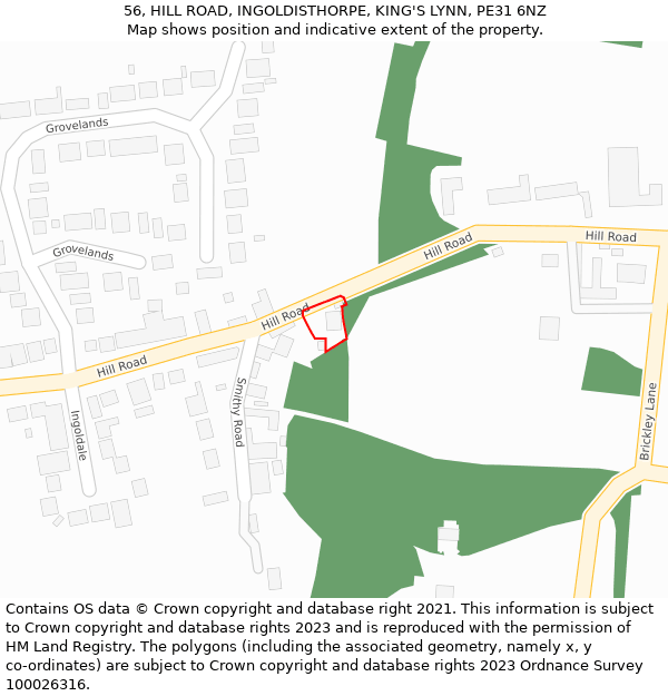 56, HILL ROAD, INGOLDISTHORPE, KING'S LYNN, PE31 6NZ: Location map and indicative extent of plot