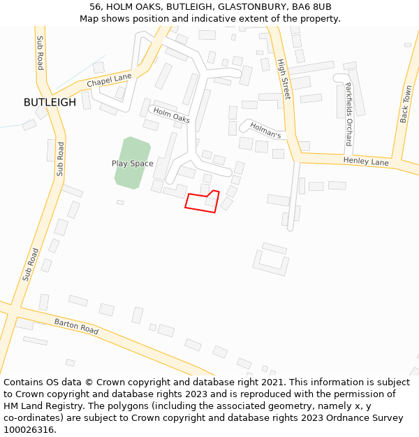 56, HOLM OAKS, BUTLEIGH, GLASTONBURY, BA6 8UB: Location map and indicative extent of plot