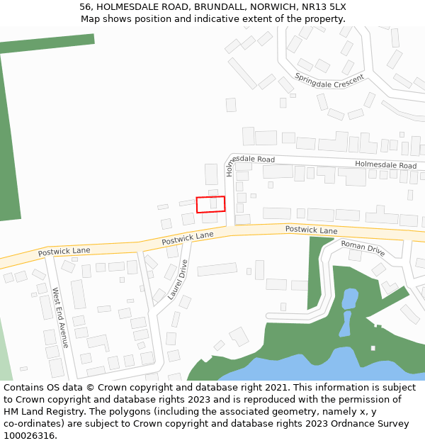 56, HOLMESDALE ROAD, BRUNDALL, NORWICH, NR13 5LX: Location map and indicative extent of plot