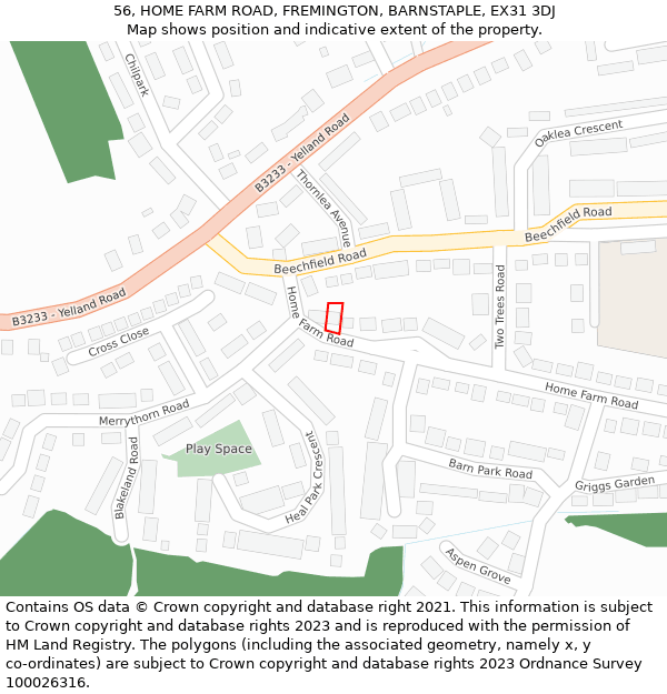 56, HOME FARM ROAD, FREMINGTON, BARNSTAPLE, EX31 3DJ: Location map and indicative extent of plot