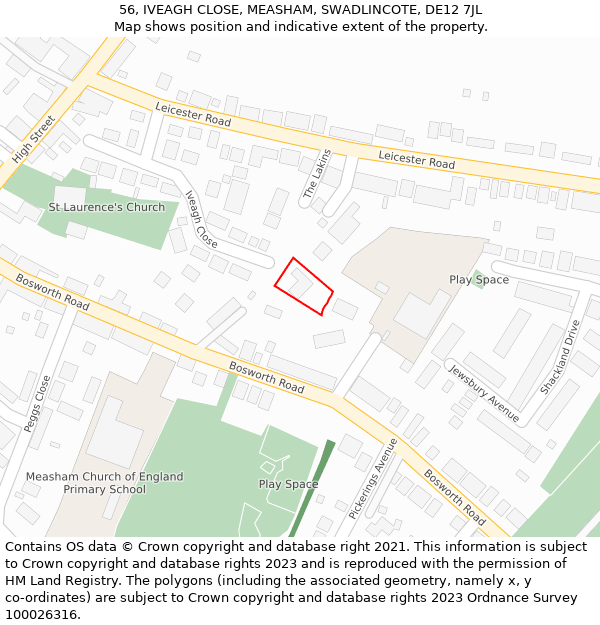 56, IVEAGH CLOSE, MEASHAM, SWADLINCOTE, DE12 7JL: Location map and indicative extent of plot