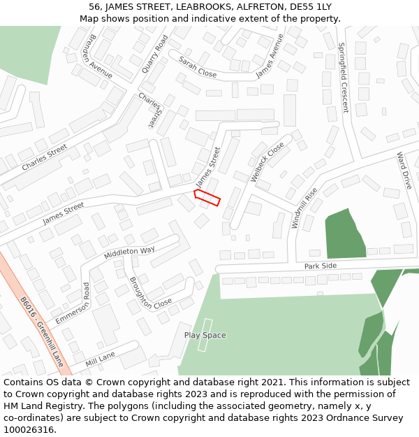 56, JAMES STREET, LEABROOKS, ALFRETON, DE55 1LY: Location map and indicative extent of plot