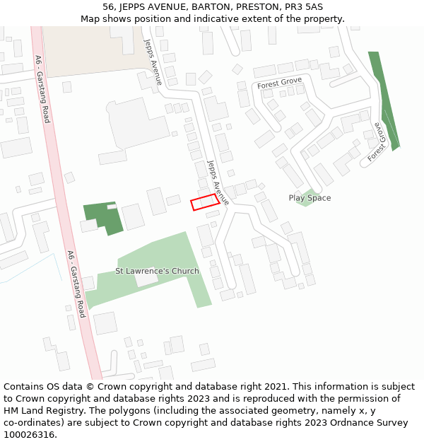 56, JEPPS AVENUE, BARTON, PRESTON, PR3 5AS: Location map and indicative extent of plot