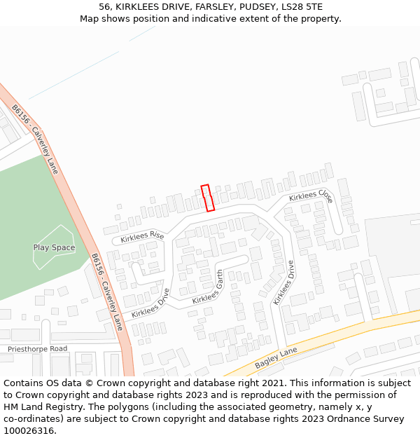 56, KIRKLEES DRIVE, FARSLEY, PUDSEY, LS28 5TE: Location map and indicative extent of plot