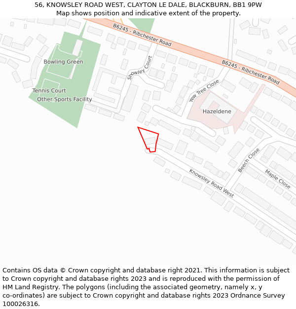 56, KNOWSLEY ROAD WEST, CLAYTON LE DALE, BLACKBURN, BB1 9PW: Location map and indicative extent of plot