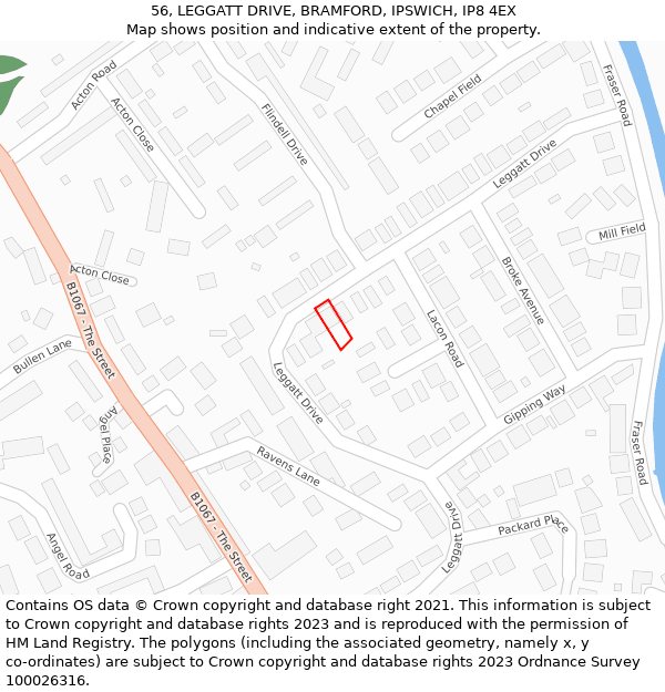 56, LEGGATT DRIVE, BRAMFORD, IPSWICH, IP8 4EX: Location map and indicative extent of plot