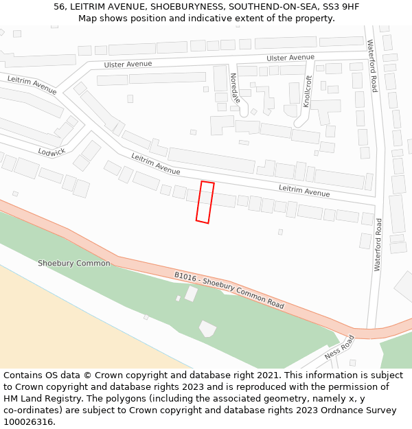 56, LEITRIM AVENUE, SHOEBURYNESS, SOUTHEND-ON-SEA, SS3 9HF: Location map and indicative extent of plot