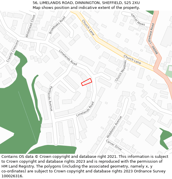 56, LIMELANDS ROAD, DINNINGTON, SHEFFIELD, S25 2XU: Location map and indicative extent of plot