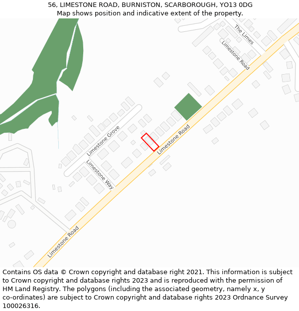 56, LIMESTONE ROAD, BURNISTON, SCARBOROUGH, YO13 0DG: Location map and indicative extent of plot