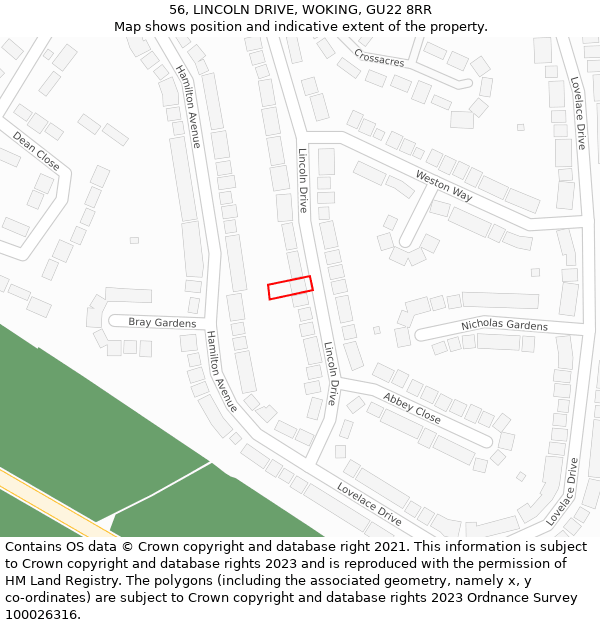 56, LINCOLN DRIVE, WOKING, GU22 8RR: Location map and indicative extent of plot