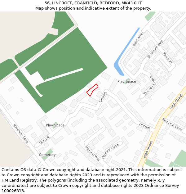 56, LINCROFT, CRANFIELD, BEDFORD, MK43 0HT: Location map and indicative extent of plot