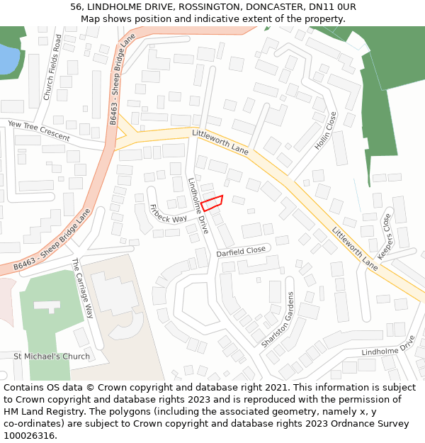 56, LINDHOLME DRIVE, ROSSINGTON, DONCASTER, DN11 0UR: Location map and indicative extent of plot