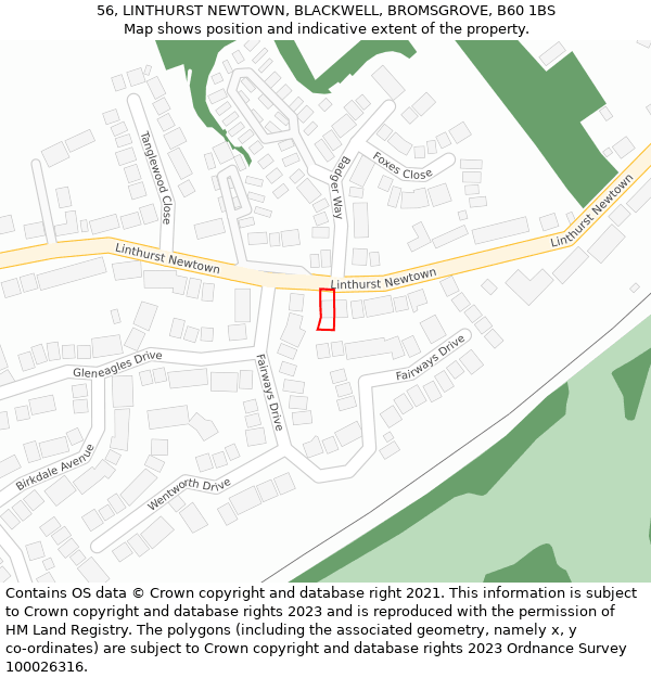 56, LINTHURST NEWTOWN, BLACKWELL, BROMSGROVE, B60 1BS: Location map and indicative extent of plot