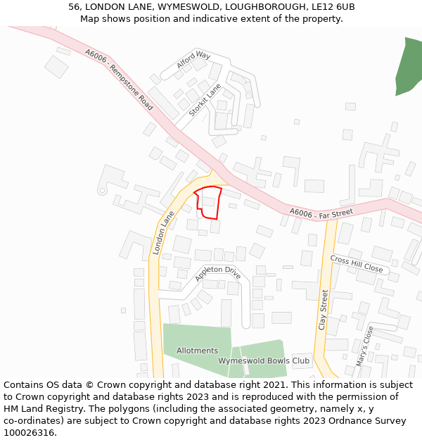 56, LONDON LANE, WYMESWOLD, LOUGHBOROUGH, LE12 6UB: Location map and indicative extent of plot